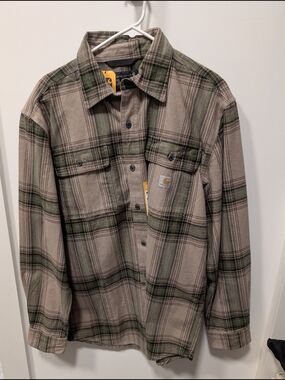 Carhartt Tan and Green Plaid Flannel Shirt Jacket